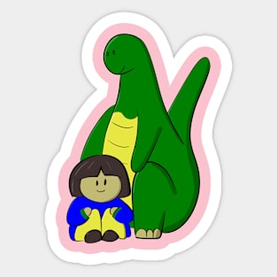 Green Dinosaur and Girl Sticker